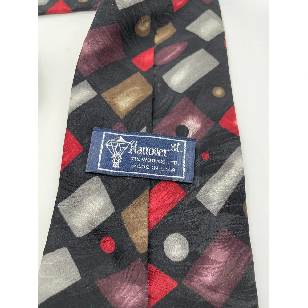 Hanover St Tie Works Ltd Mens Silk Tie Geometric Abstract Red Silver Black USA